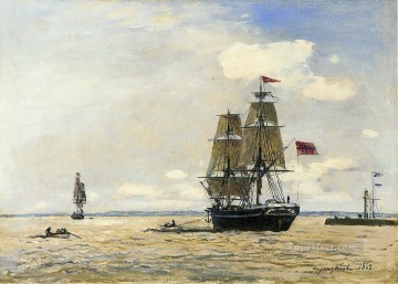 ヨハン・ジョンキント Painting - オンフルール港を出港するノルウェー海軍艦船の海景 ヨハン・バルトルト・ヨンカインド